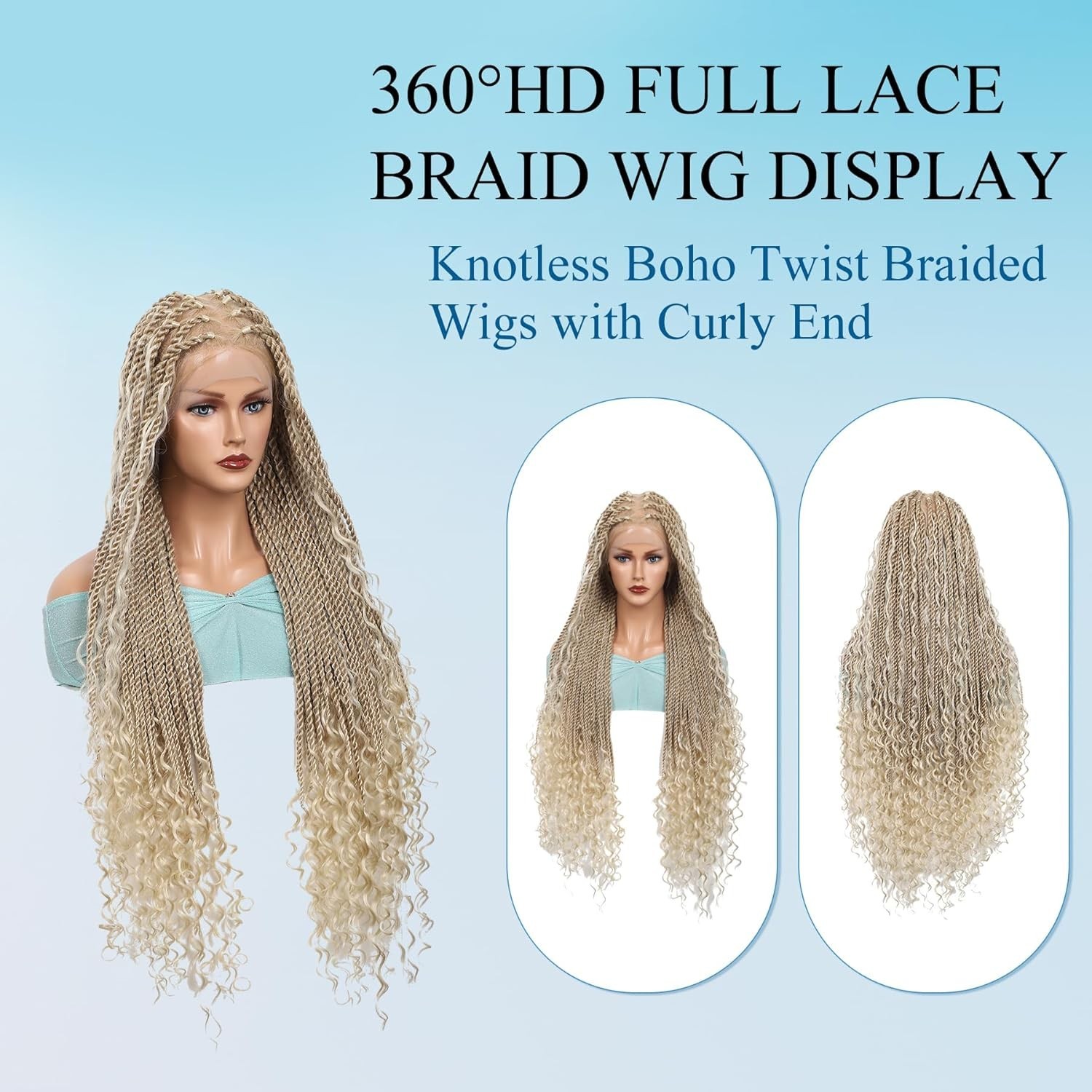 Braided Wig Light Blonde Boho Box Braids Full Lace Glueless Curly Ends 32″ Long