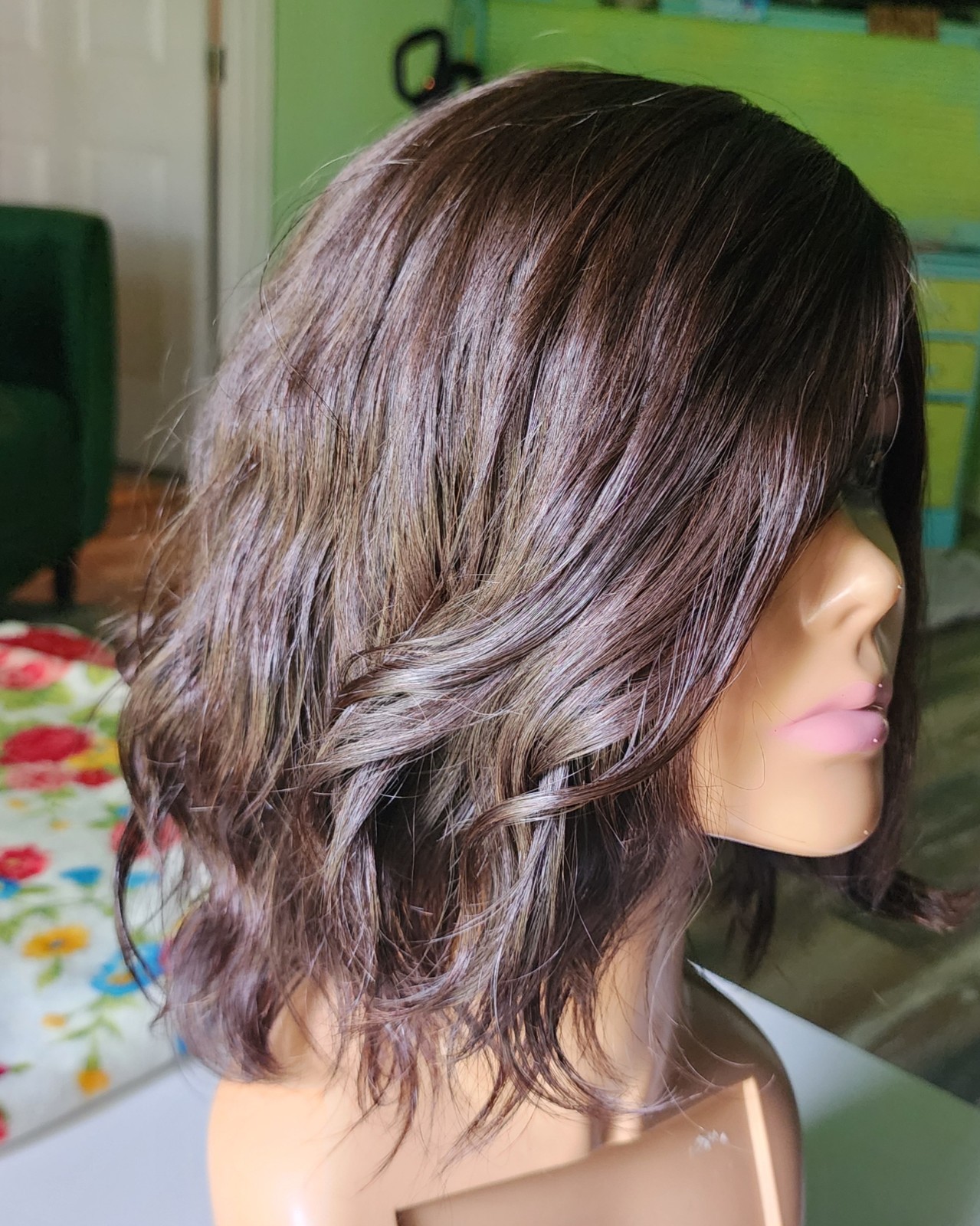 Dark Brown Wavy Layered Human Hair Wig 16 inches Medium Cap, Mono Part
