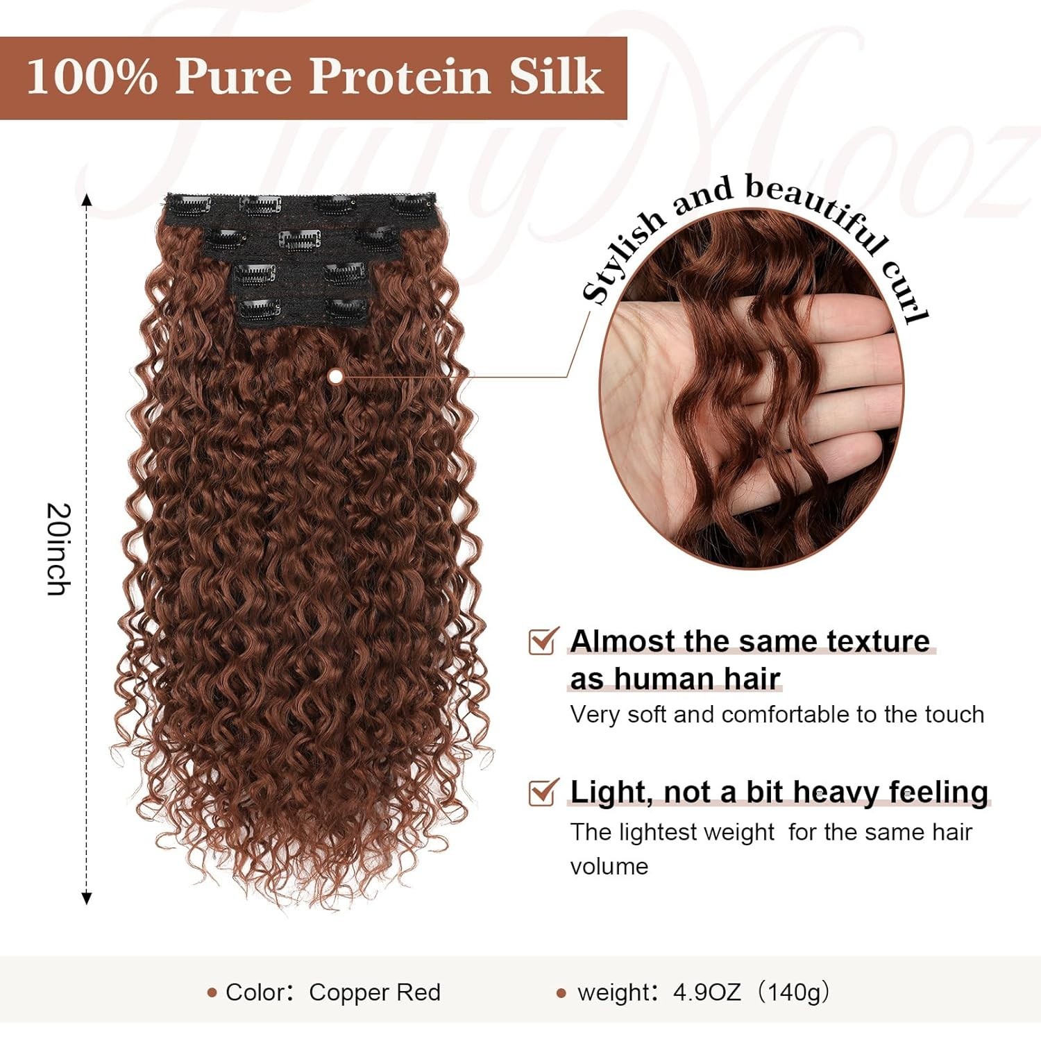 Copper Red 100％ Pure Protein Silk, Hair Extensions 4pcs Clip In 20in