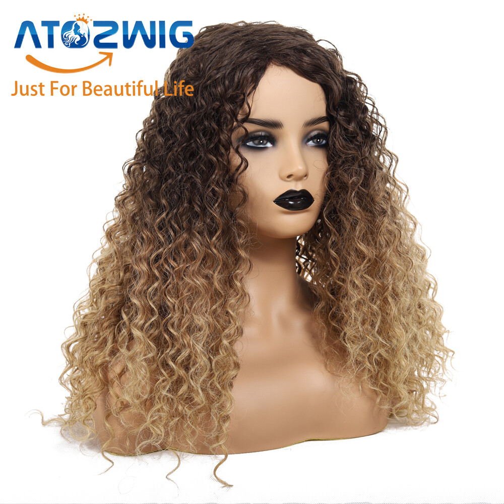 Afro Kinky Curly Ombre Brown Blonde Wigs Women African Synthetic Full Wig US