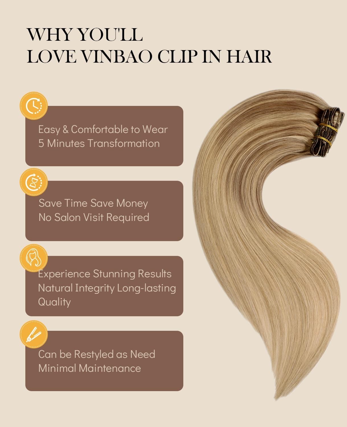 18″ Clip-In Human Hair Extensions 6pcs 120g Balayage Light Brown to Caramel Blon