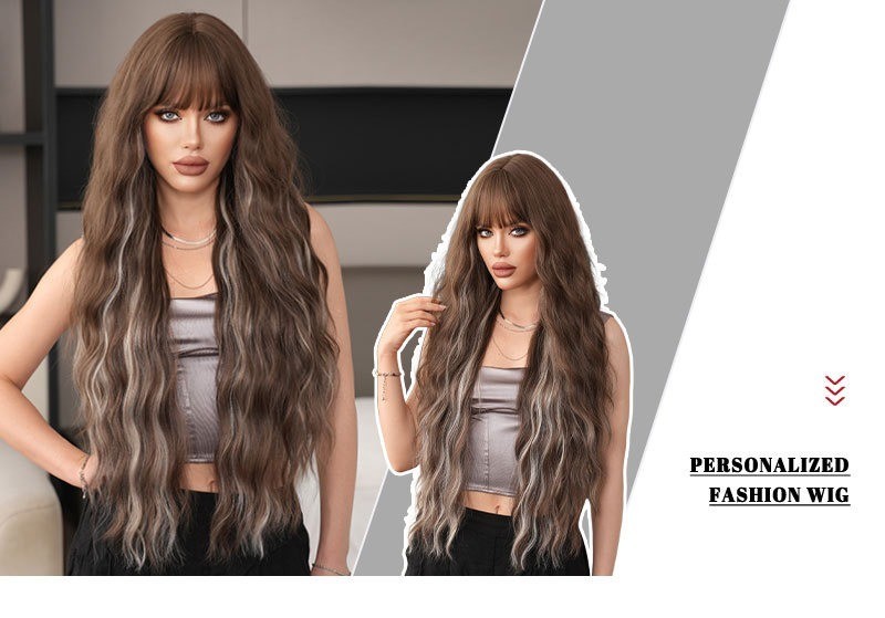 36-inch ultra-long wavy hair with fringe brown highlighted and gray heat-resist