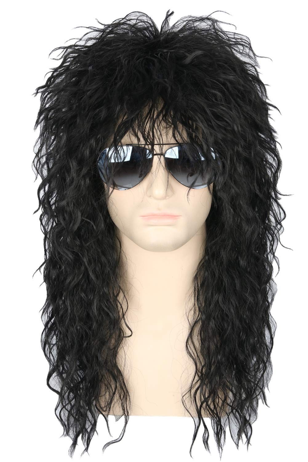 Men’s 80s Black Mullet Wigs Male Hair Punk Heavy Metal Rocker Long Curly Wig USA