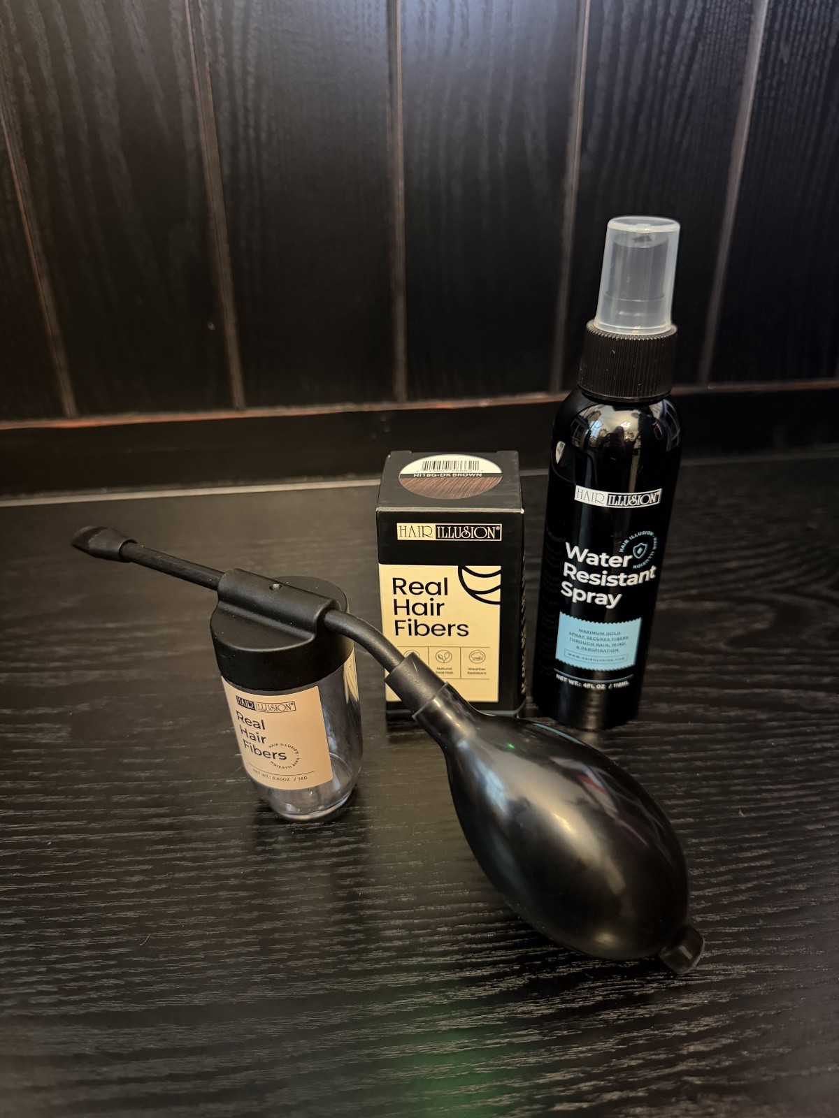Hair Illusion 18g Dark Brown Hair Fibers + Water Resistant Spray + Applicator