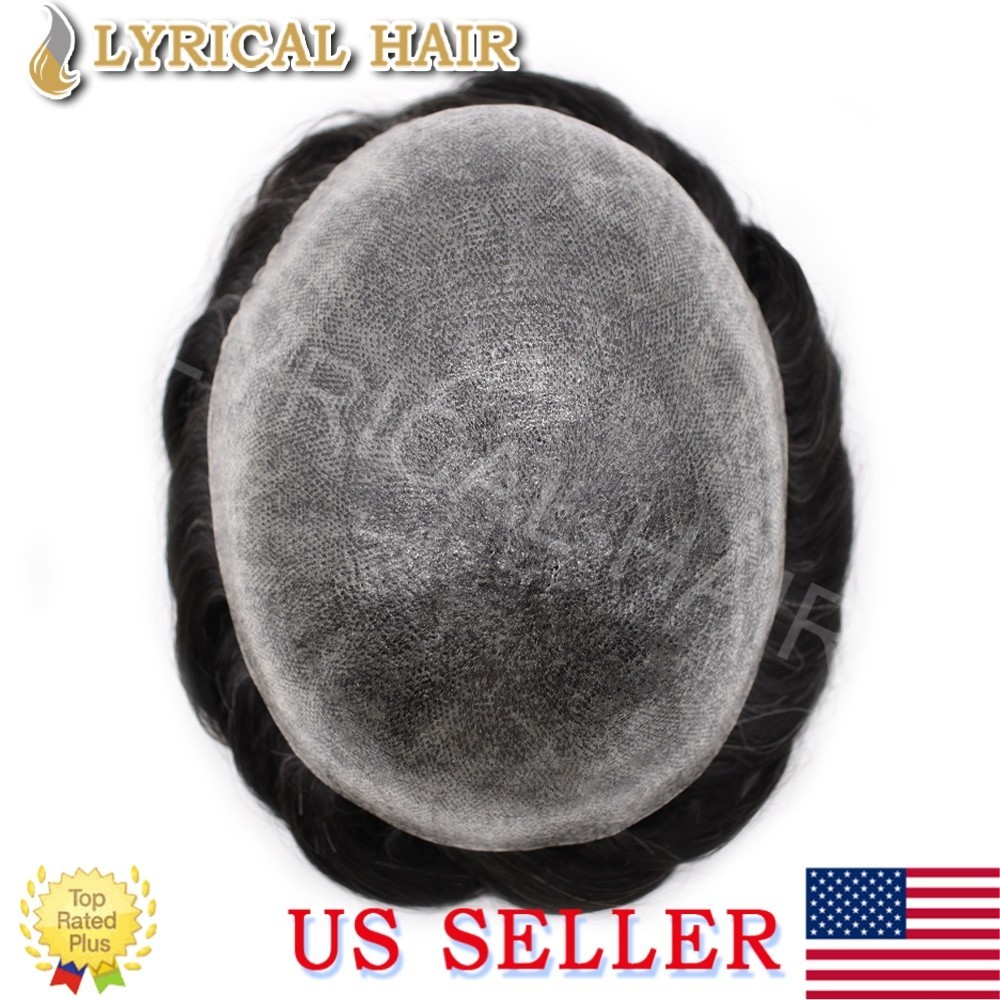 Lyrical Hair Full PU Mens Toupee Black Brown Grey Human Hair System Hairpiece US