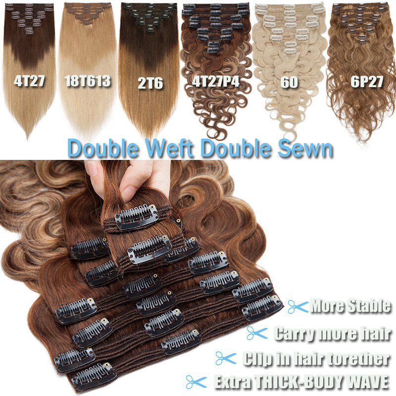 THICK Double Weft Clip In Real Remy Human Hair Extensions Full Head 8pcs Caramel