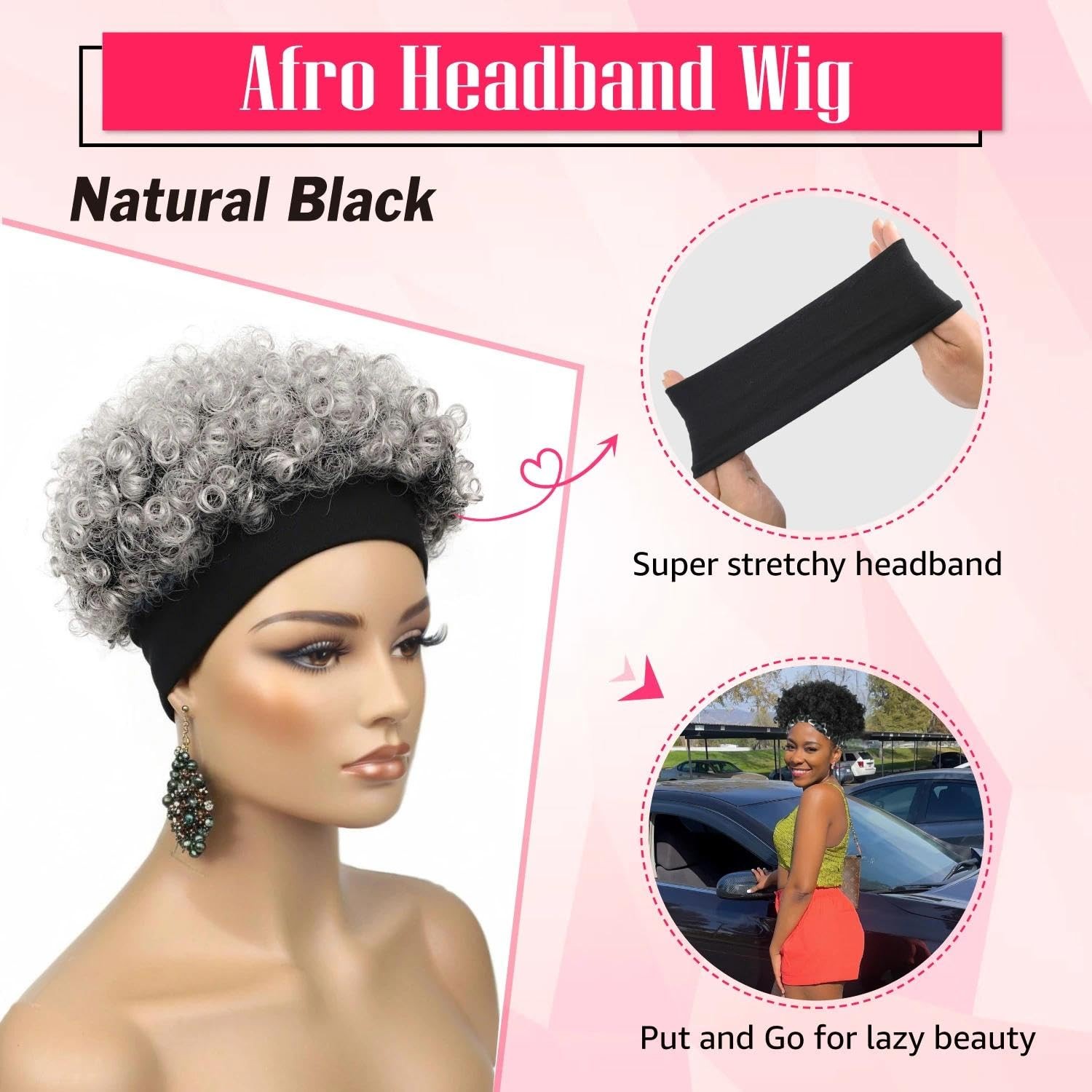 Short Salt and Pepper Afro Curly Headband Wig for Black Women, Gray Kinky Cur…