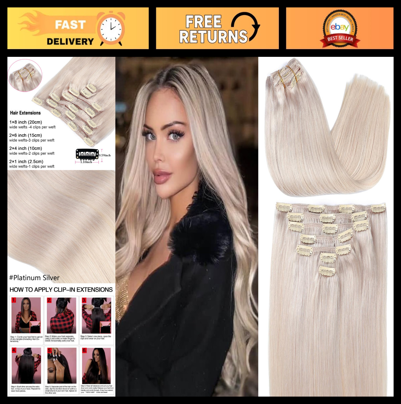 22 Inch Clip-In Real Remy Human Hair Extensions – Platinum Silver Gray 120g, 7 P