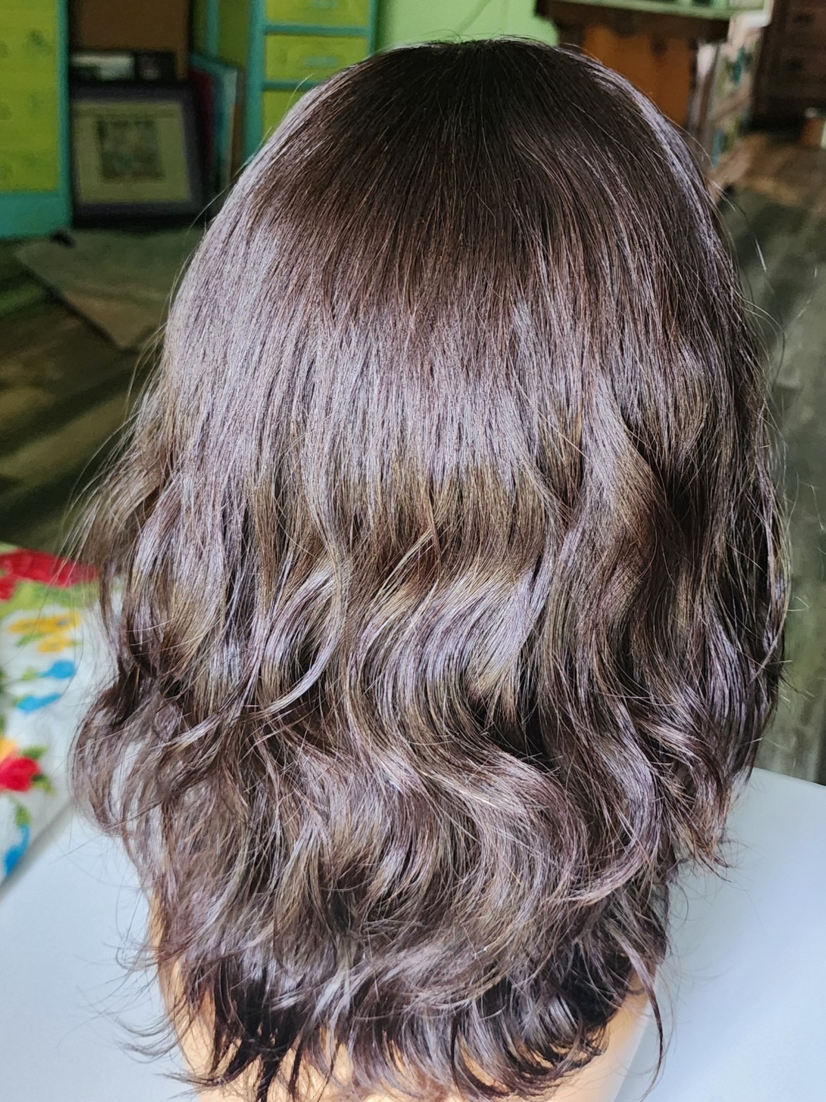 Dark Brown Wavy Layered Human Hair Wig 16 inches Medium Cap, Mono Part