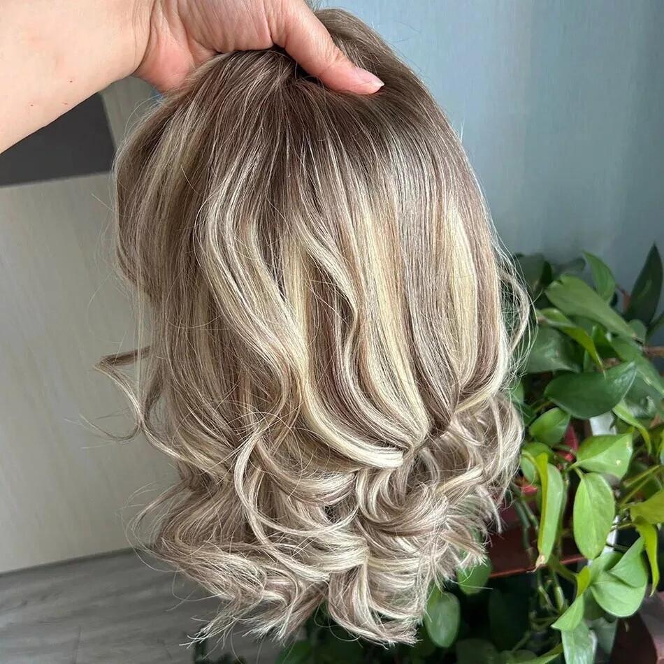 Ombre Ash Blonde Wavy Highlight 100% Human Hair Lace Front Wig For Women 12 Inch