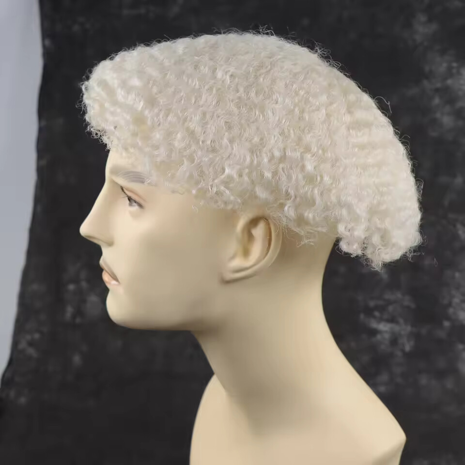 Men’s #60 Blonde White Hair Toupee Color 6mm Afro Curly 8×10 Full Lace Toupee
