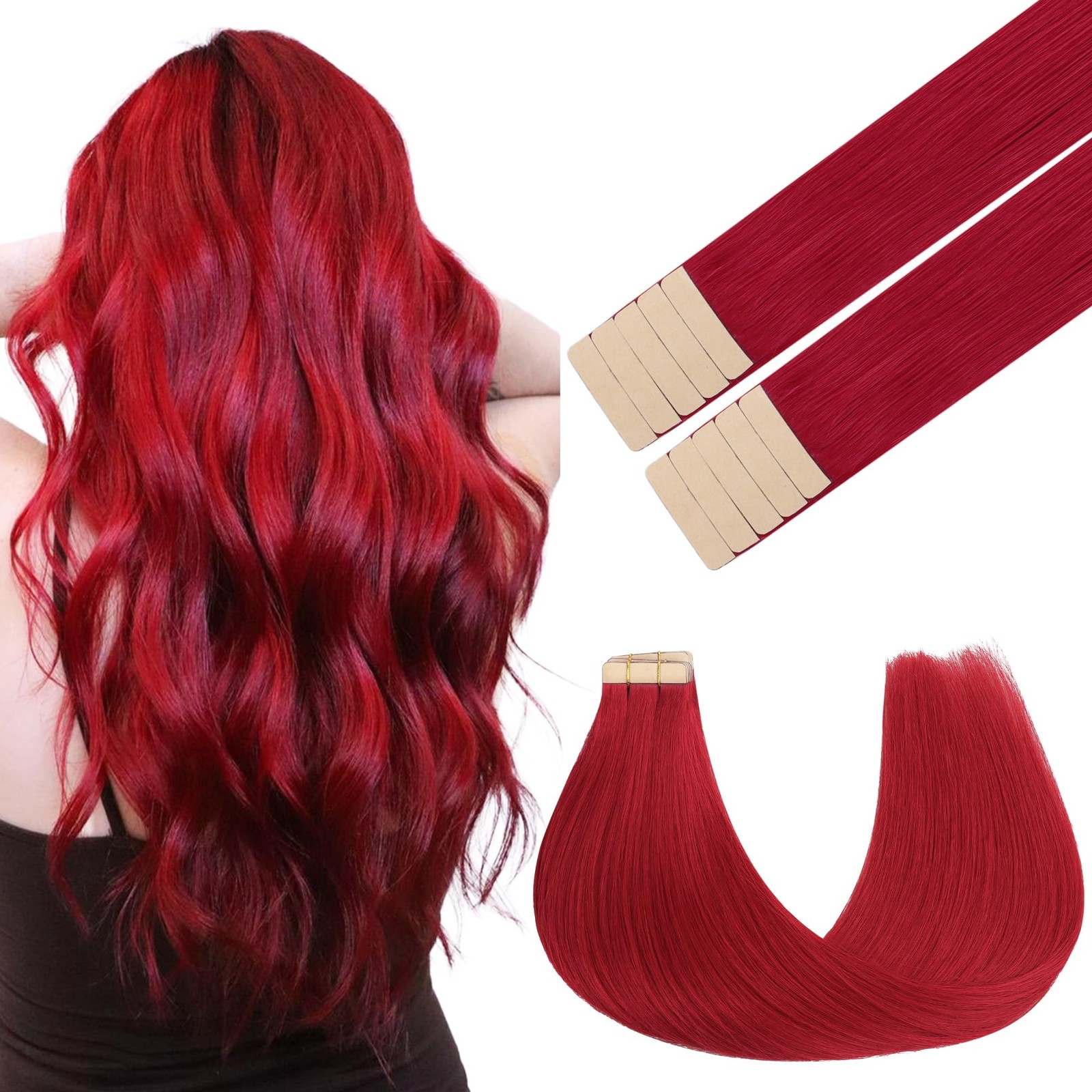 GOO GOO Tape in Hair Extensions, 22inch 10pcs 30g, Red#, Seamless Invisible,