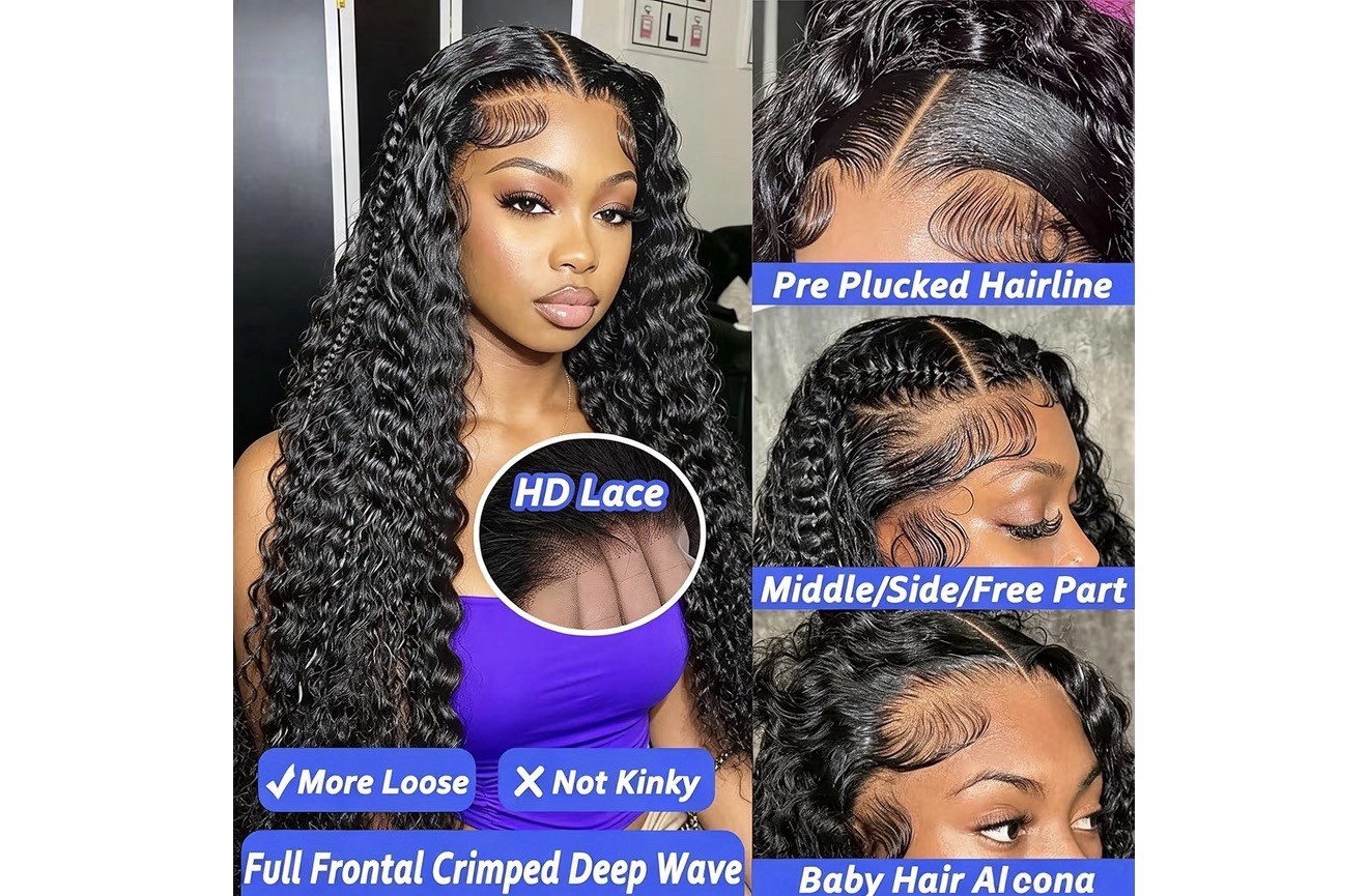 13×4 HD Lace Front Deep Wave Human Hair Wig Pre-Plucked Black Medium Cap