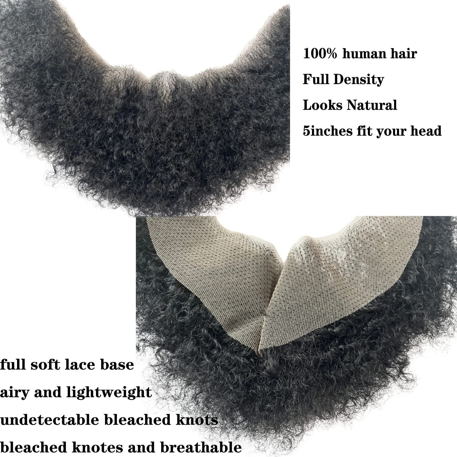 Realistic Human Hair Afro Curl Beard & Mustache System for Black Men – 12×3 Inch