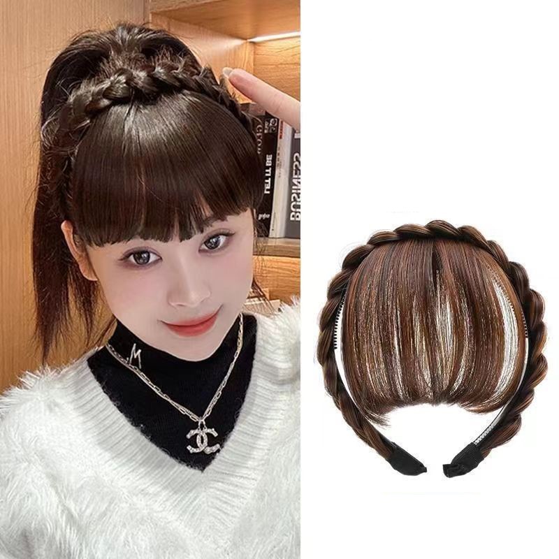 Synthetic Fake Bangs Hair Neat Fringe Bands Women Double Row Braids Headband