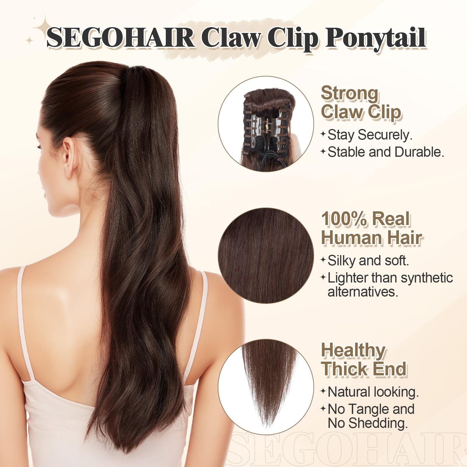 Segohair Human Hair Ponytail Extension Claw Clip Natural Look Soft 14-22 Ideal