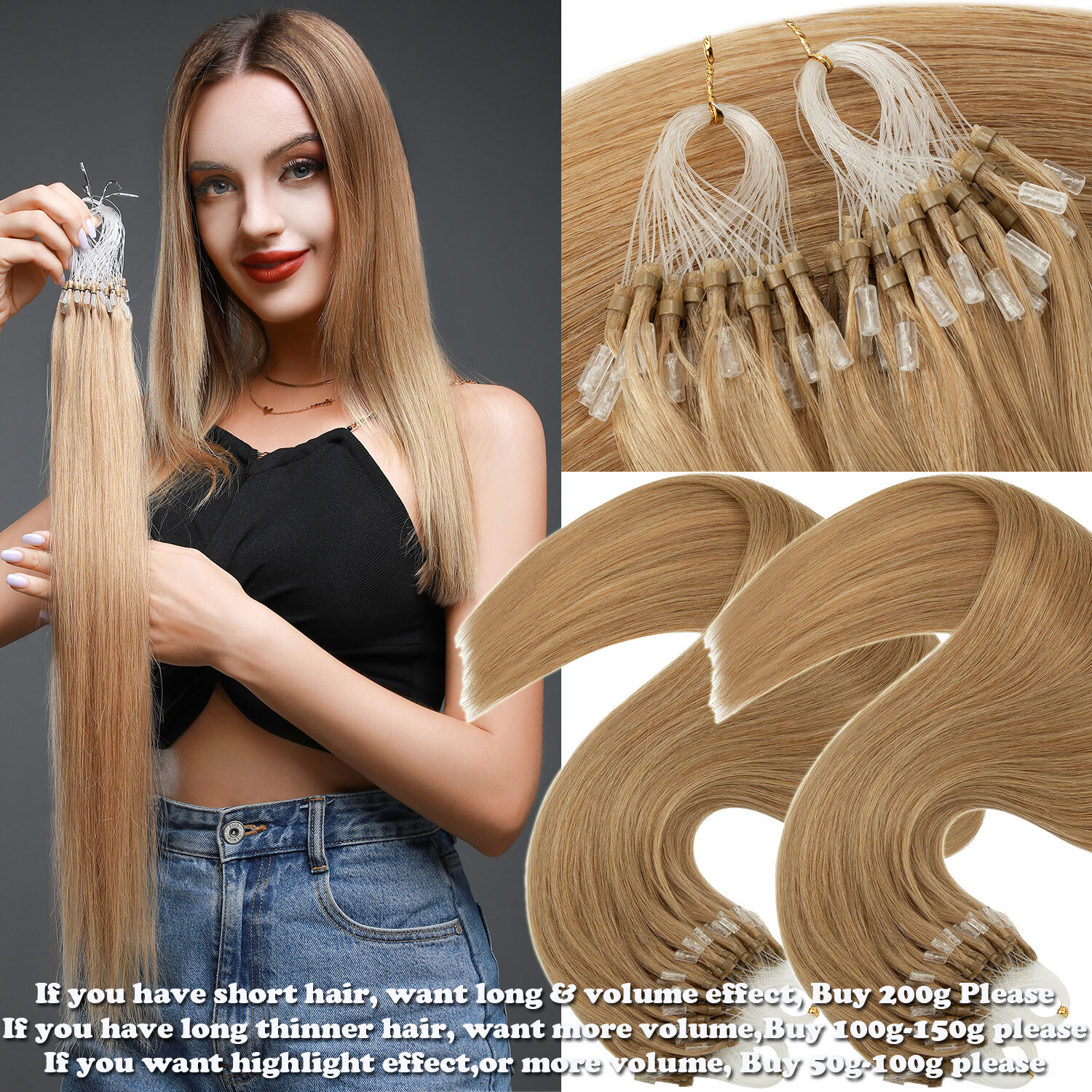 THICK 100% Russian Remy Human Hair Extensions Micro Loop Nano Ring Bead Balayage