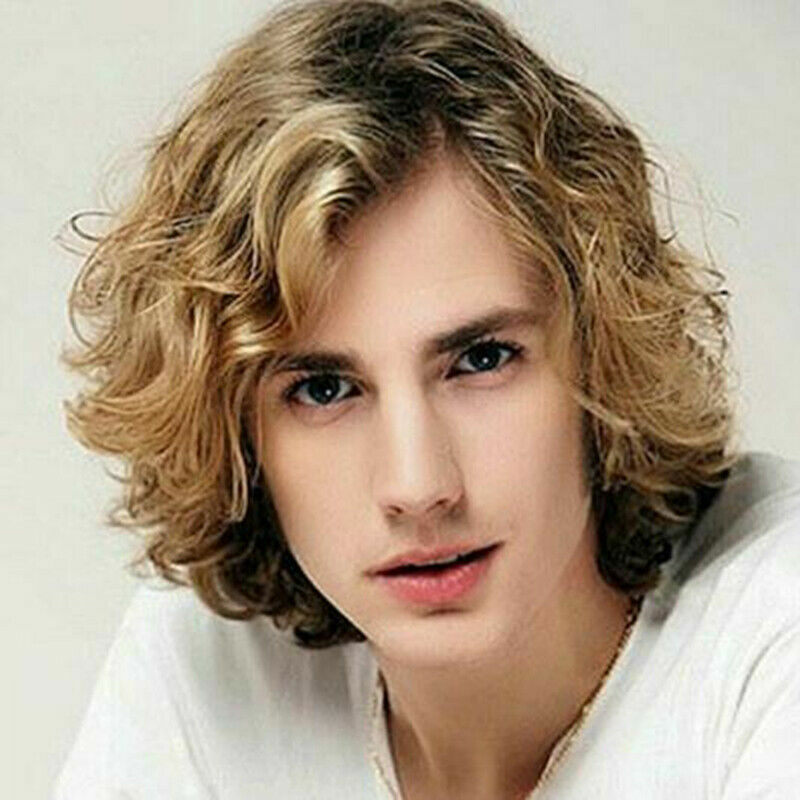 Men Long Curly Wave Blonde Wig Synthetic Hair Heat Resistant Male Fashion Style