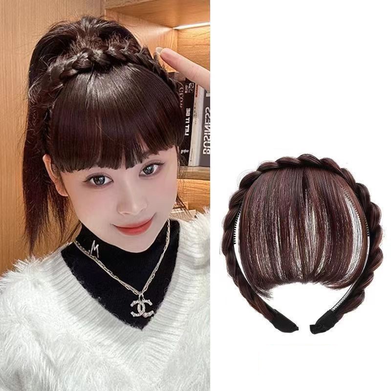 Synthetic Fake Bangs Hair Neat Fringe Bands Women Double Row Braids Headband