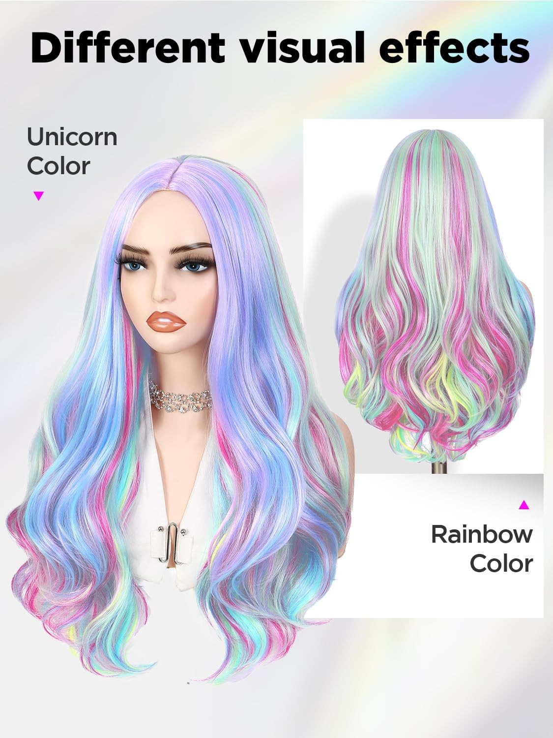 Long Rainbow Color Wavy Hair Dreamy Unicorn Color Wigs Multi-Color Pastel Col…