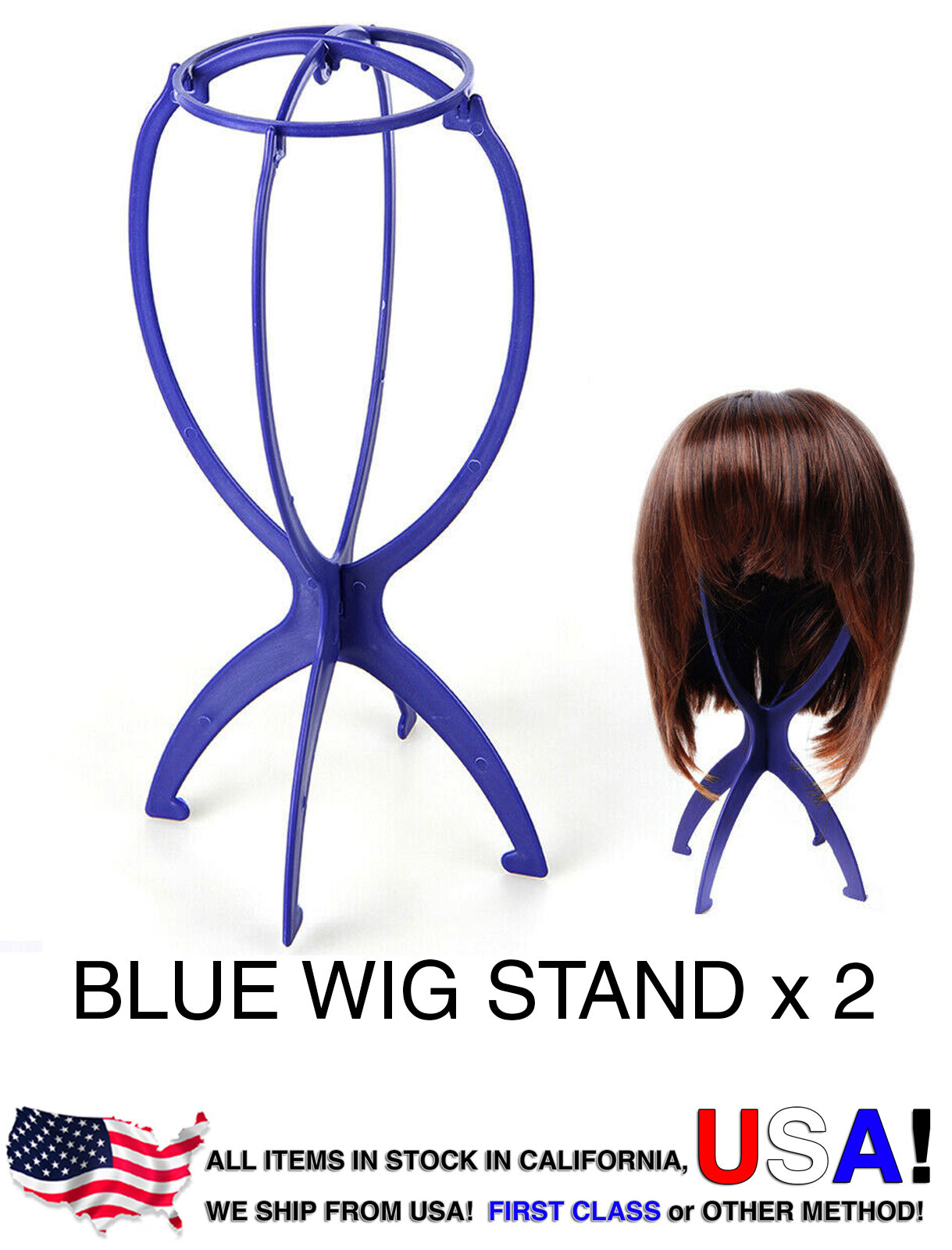 2 of Blue Plastic Light Wig Hair Holders Stand Folding Hat Cap Durable Display