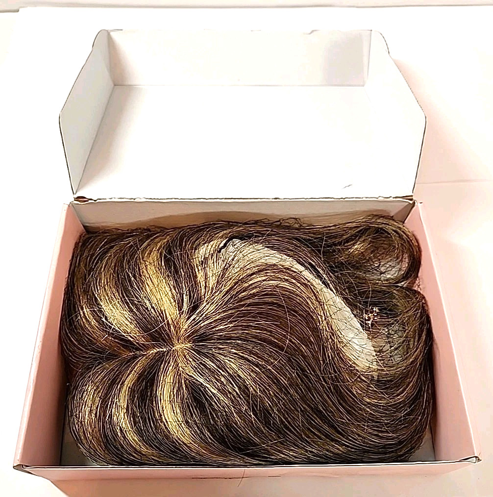 Flufymooz Human Hair Topper Wiglet w/ Bangs 10″ Clip In Med Brown & Blonde Mixed