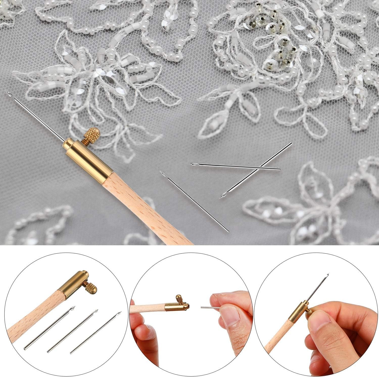 meekoo Tambour Hook with 3 Needles 70# 90# 100# Embroidery Kit brown