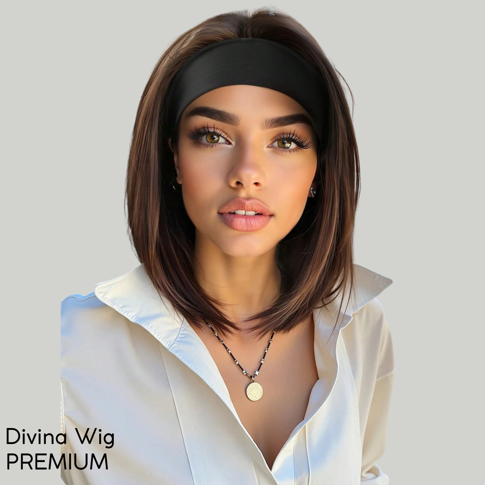 Straight Bob Headband Wig Brown Highlights Synthetic Hair 12 Inch Natural Look G