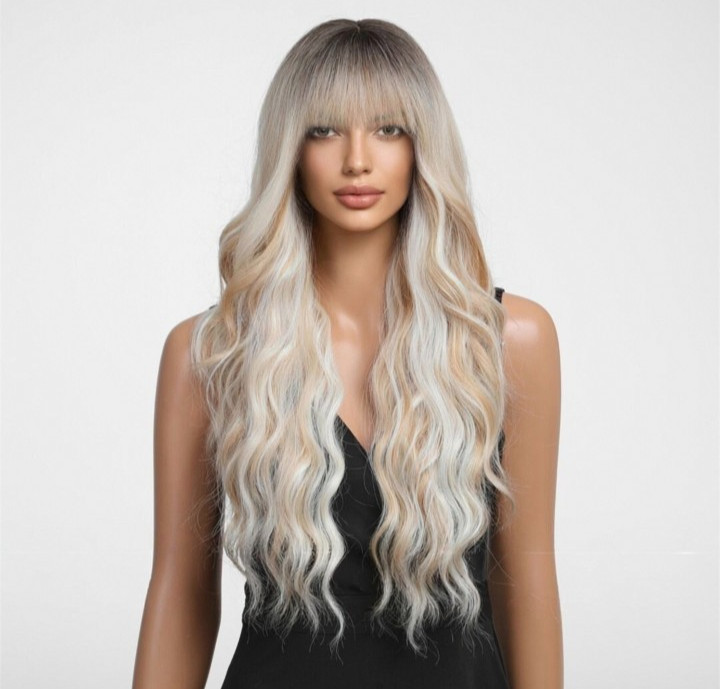 Ombre Blonde Wigs with Bangs,Long Curly Wig for Women,Blonde Long Wavy Wig Synth