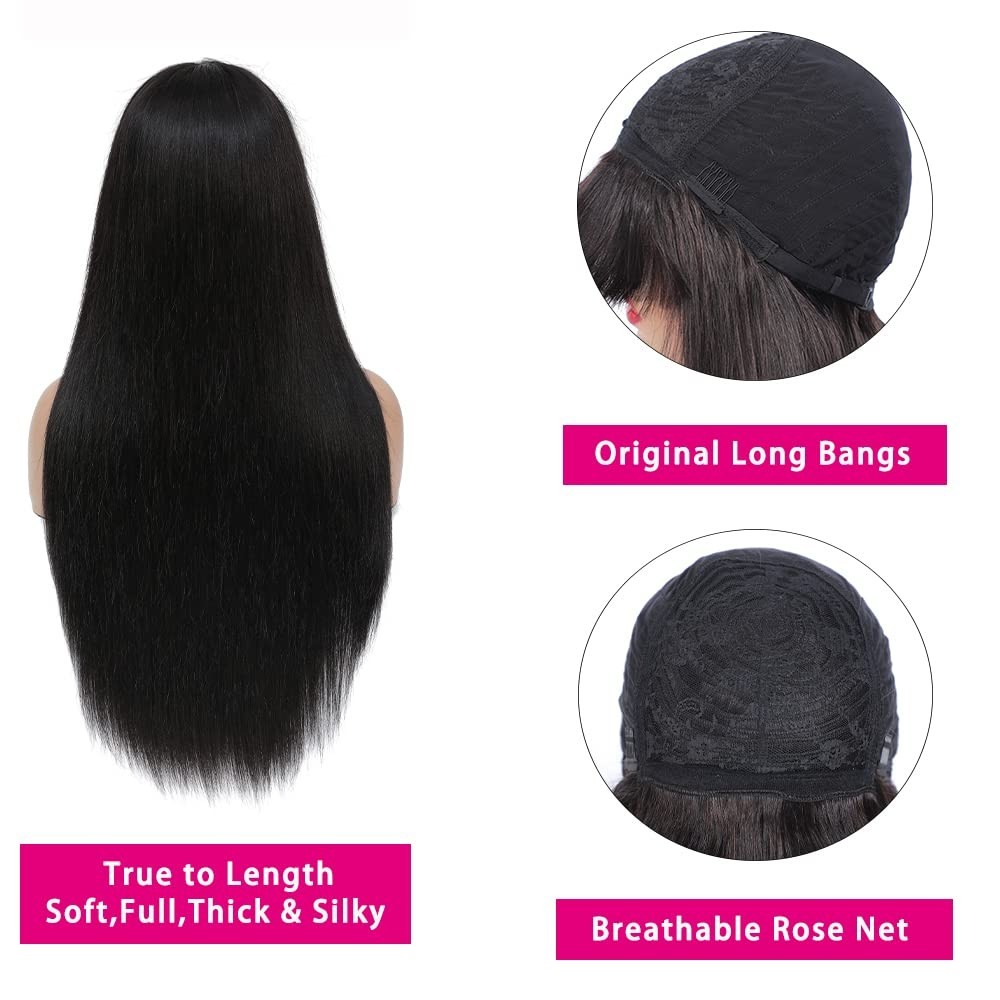 Long Straight Wig with Bangs Human Hair Wigs Glueless Machine Made Wig with Bang