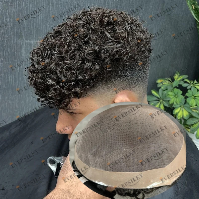 18mm Curly Human Hair Men Toupee Super Durable Fine Mono Base Male Wigs Natural