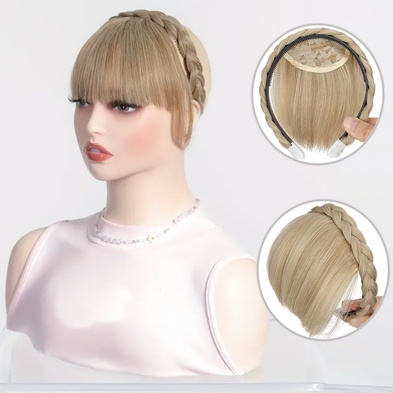 Braided Headband Topper Hairpiece Clip In Fringe with Temple Bang Hair Extension