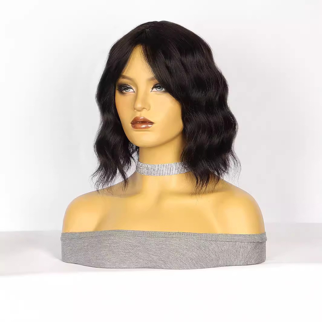 Side Swept Bangs Water Wave Short Wig Heat Resistant Synthetic Full Head Wig