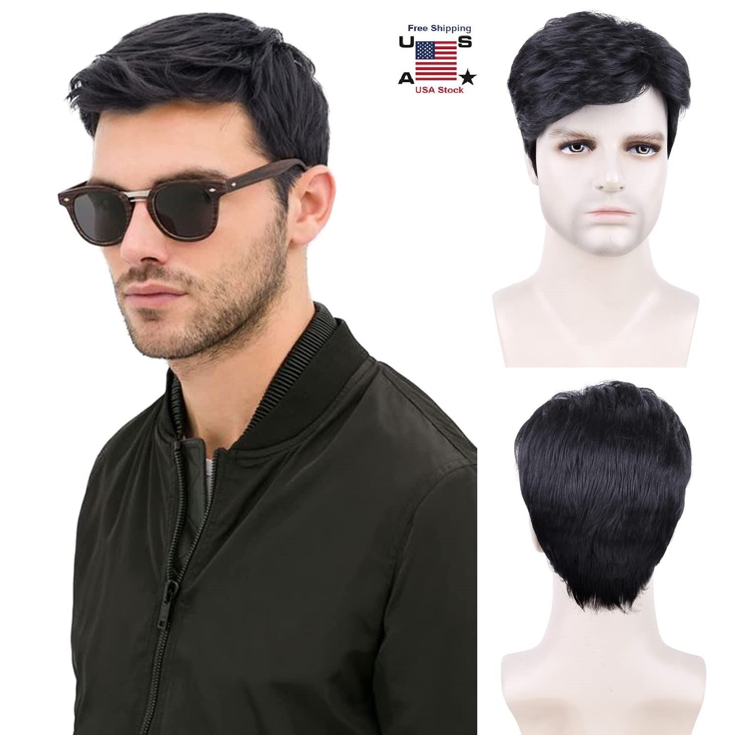 Men’s Short Straight Black Wig Little Wavy Heat Resistant Synthetic Hair Daily