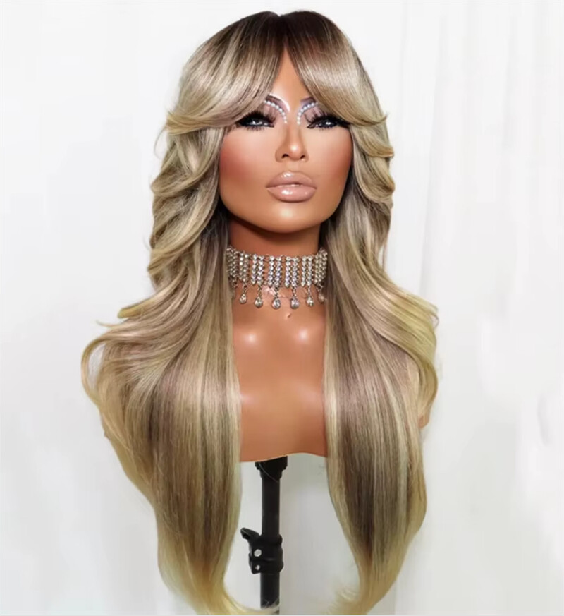 Ash Blonde Wig with Bangs Honey Blonde Balayage Human Hair 13×4 Lace Front Wigs