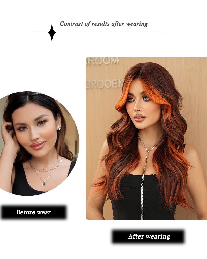 Full head wig with side-swept bangs colorful flame orange highlights and long