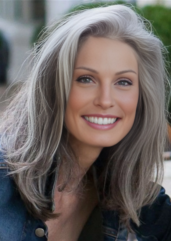Salt and Pepper Hair Long Natural Straight Synthetic Women Wig 18 Inches Soft