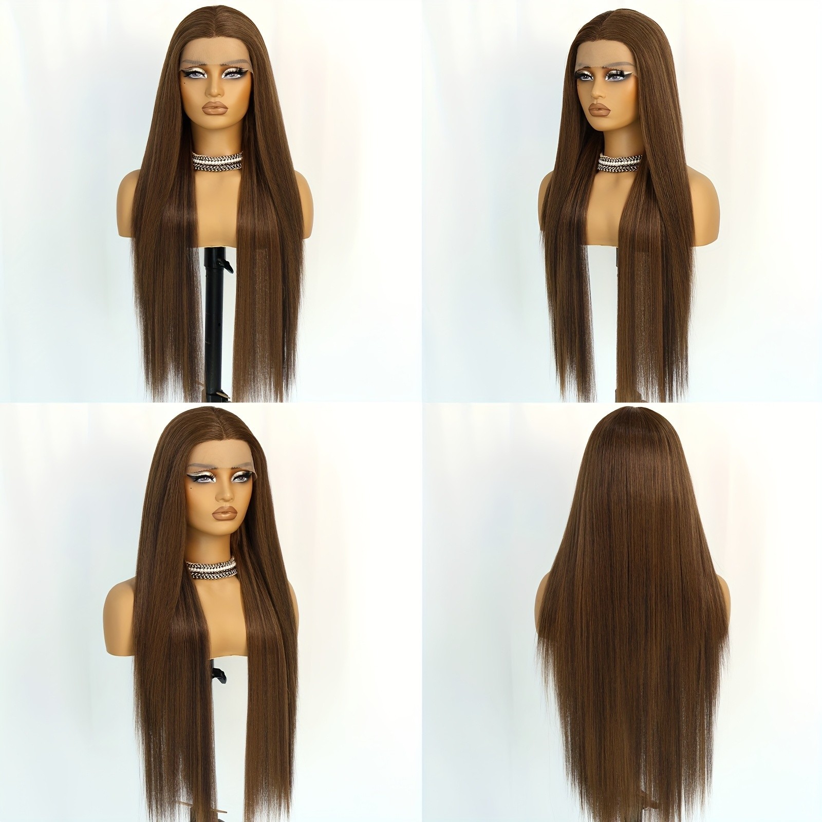 Brown Mixed Color Natural Long Straight Hair Synthetic Lace Front Wigs Glueless