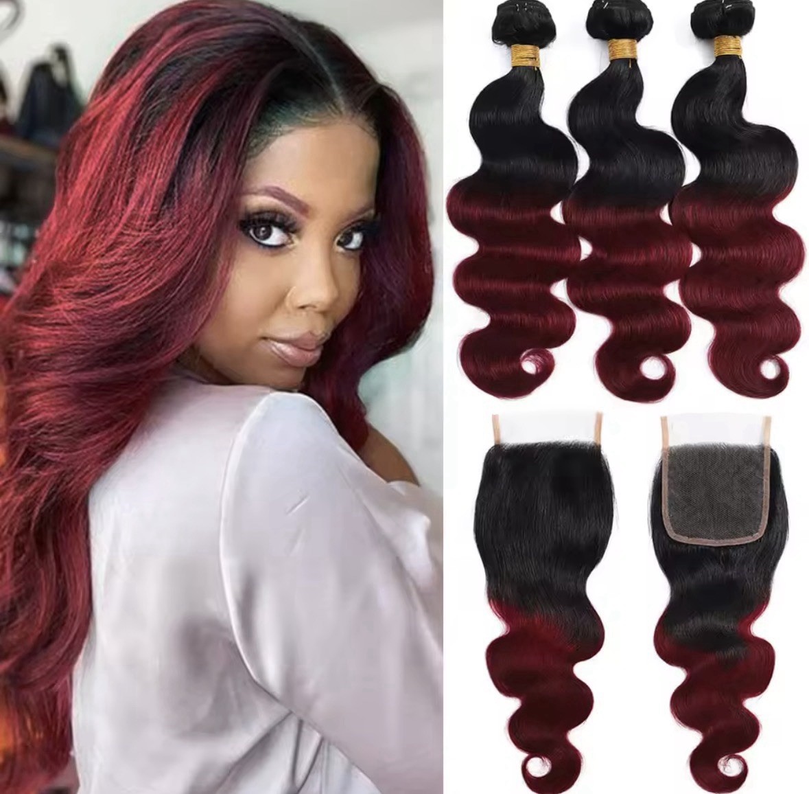 Human Hair Bundle 12” 14” & 16” with 4 x 4 Lace Closure 1B/99J Body Wave W/GIFT