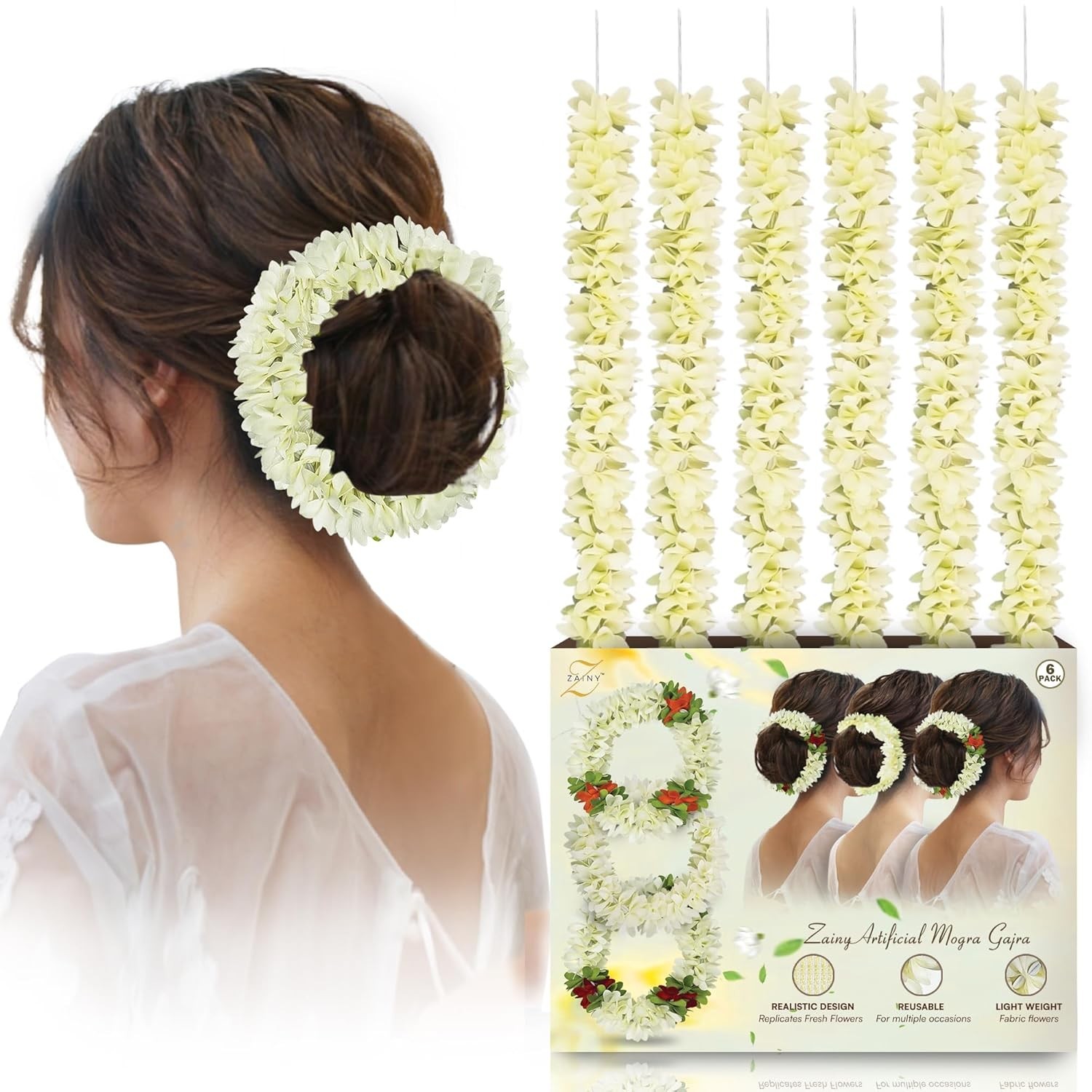 6 Pack Mogra Gajra for Hair Indian Bun, Artificial Fabric Jasmine Flowers Hairbu
