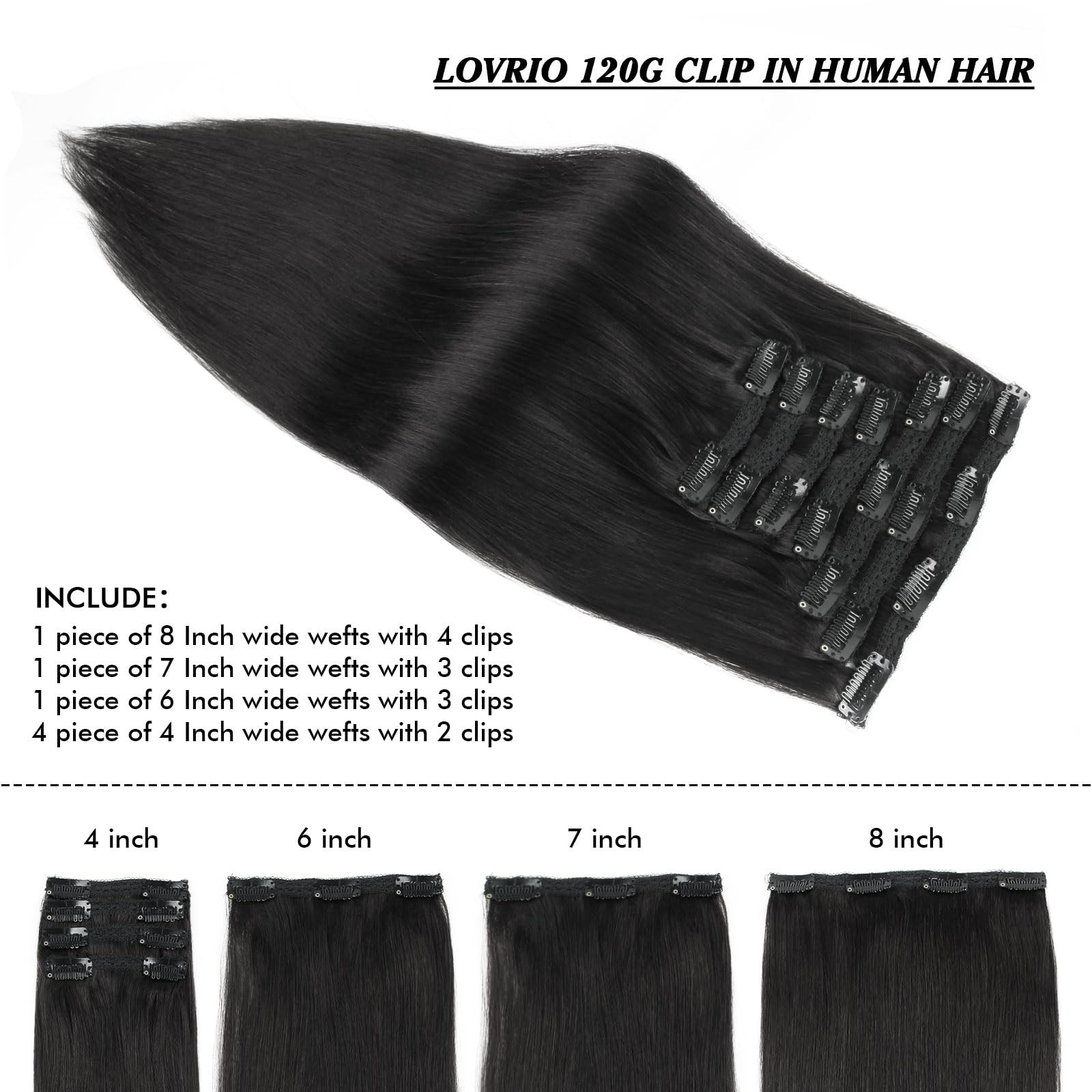 Lovrio 140G 22 Inch 9A Grade Clip In Human Hair Extensions Jet Black Double