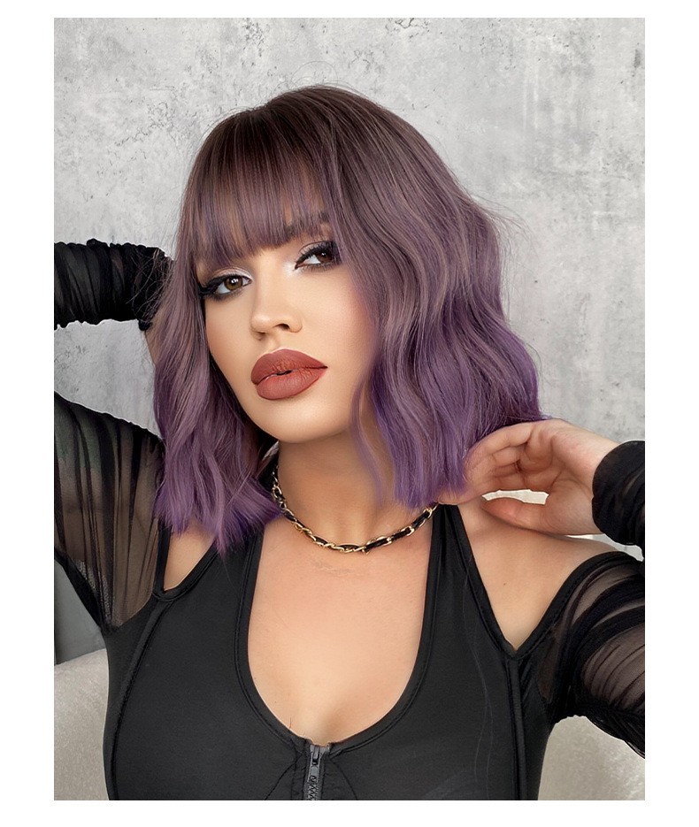 10-inch purple Bob short wavy curly wig with wave patterns