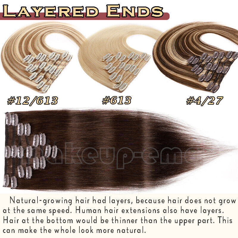 100% Clip In Remy Human Hair Extensions Full Head Black/Brown/Blonde Straight