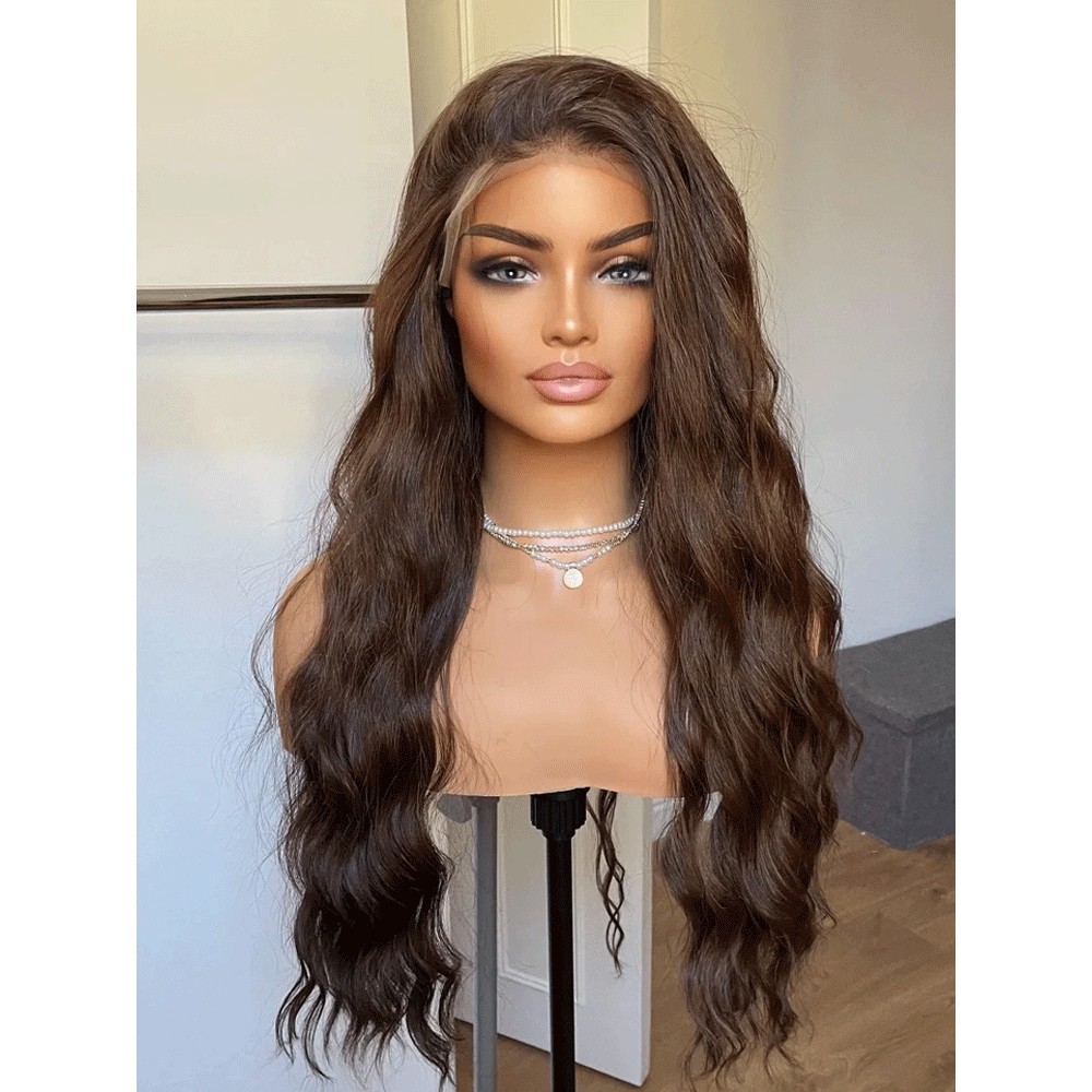 Heat Resistant Synthetic Hair Brown Pre Plucked Frontal Lace Wig Long Wavy