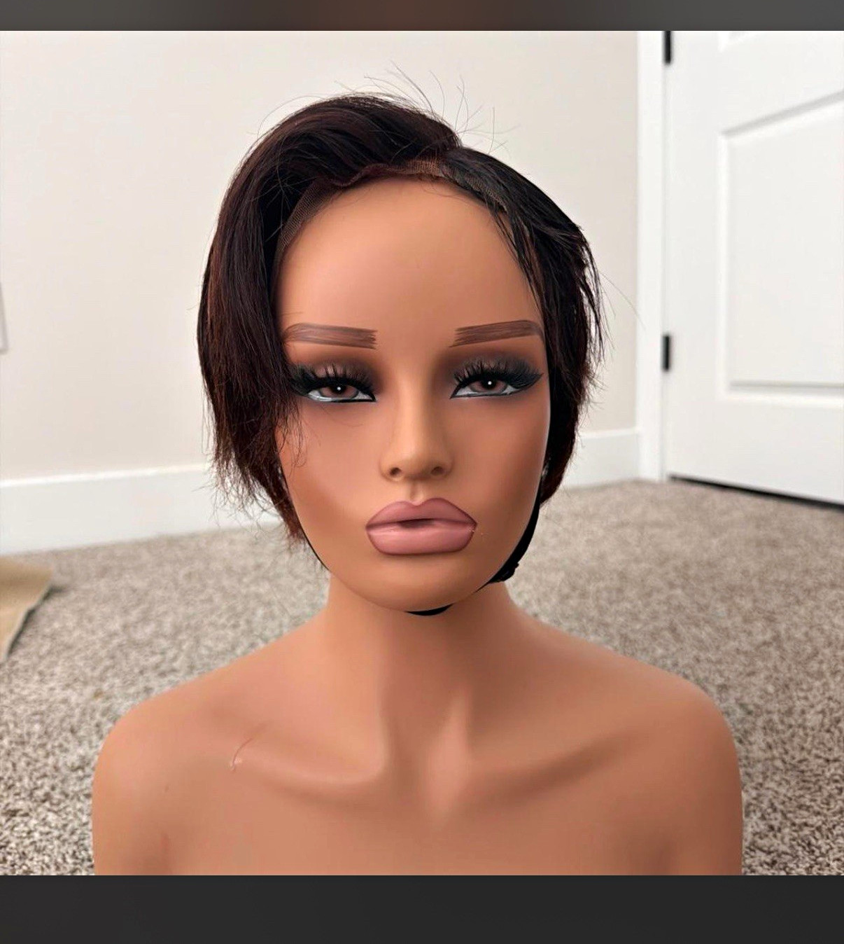 Glueless Lace Front Human Hair Short Straight Bob Wig, Dark Brown/Auburn