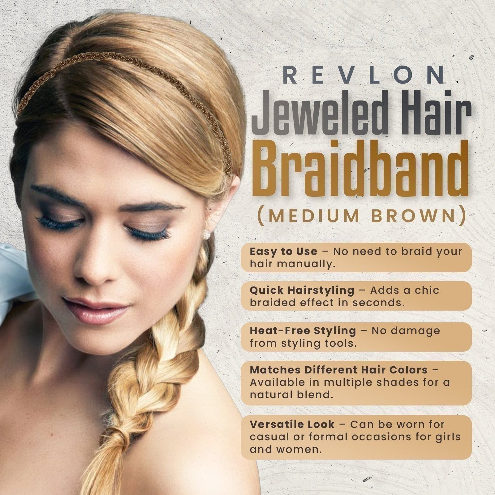 REVLON Braided Headband Jeweled Hair ornament Ready to Wear (Medium Brown)