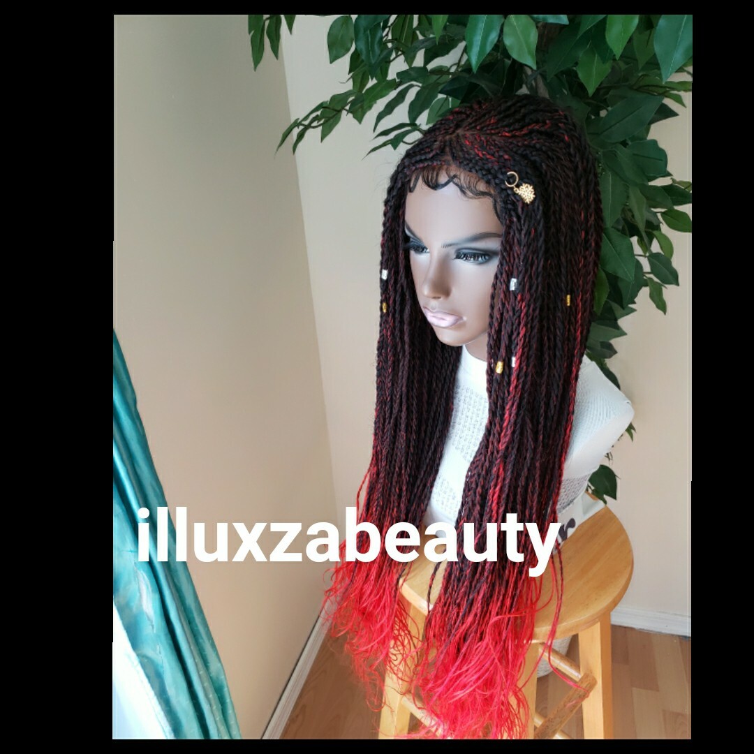 4×4 Closure senegalese twist Braided Wig black red curl L 28″-29″