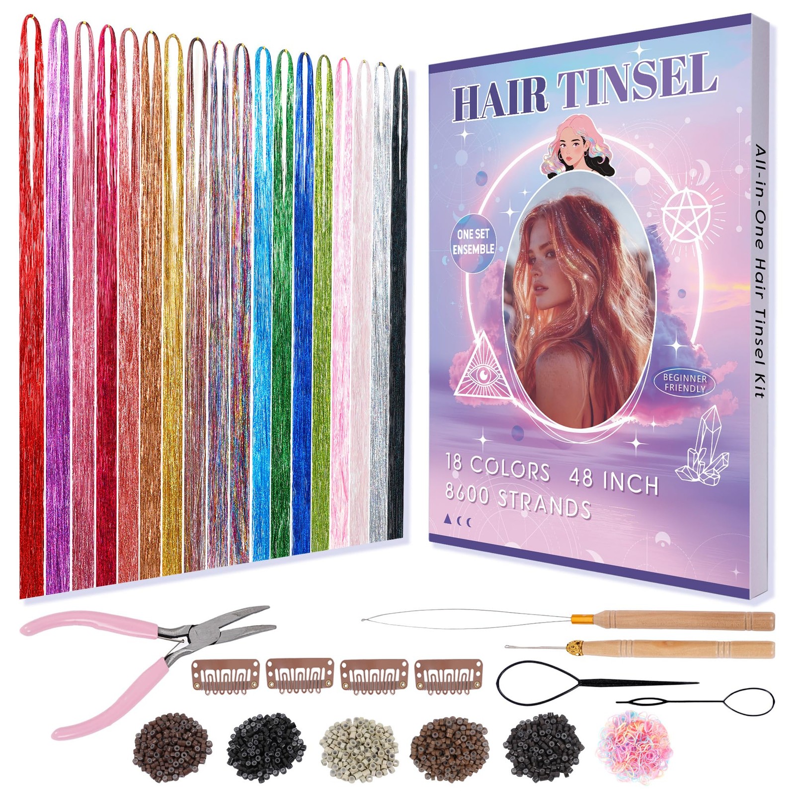Hair Tinsel, 18 Colors Fairy Hair Tinsel Kit for Teen Girls 8600 Strands Heat…