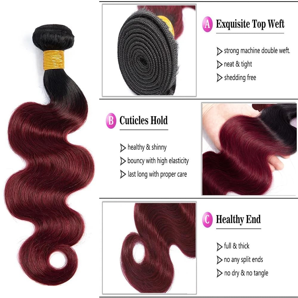 Niciitysi 1B99J Bundles Human Hair Ombre Body Wave Bundles 16 18 20 Inch