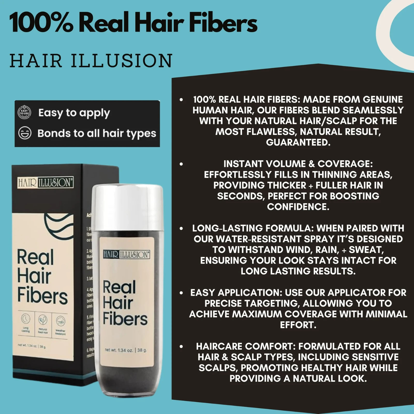 Hair Illusion 38g Black Real Hair Fibers + Water Resistant Spray + Applicator